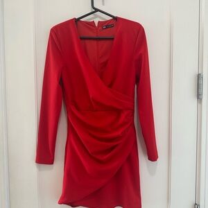 Zara Red Ruched Long Sleeve Cocktail Dress